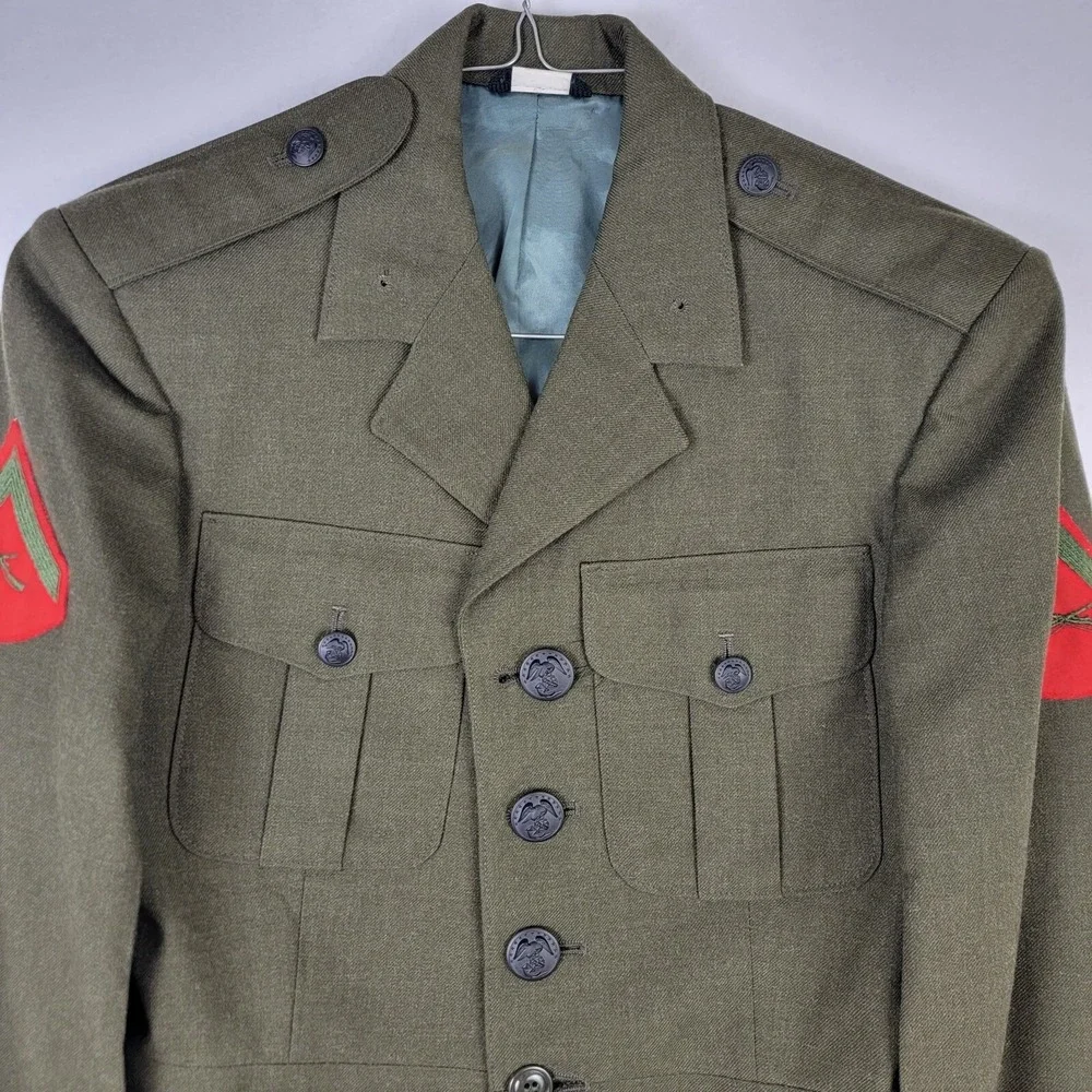 Vtg Marine Corps USMC Military Dress Coat Mens 35R Green Pockets Wool Button